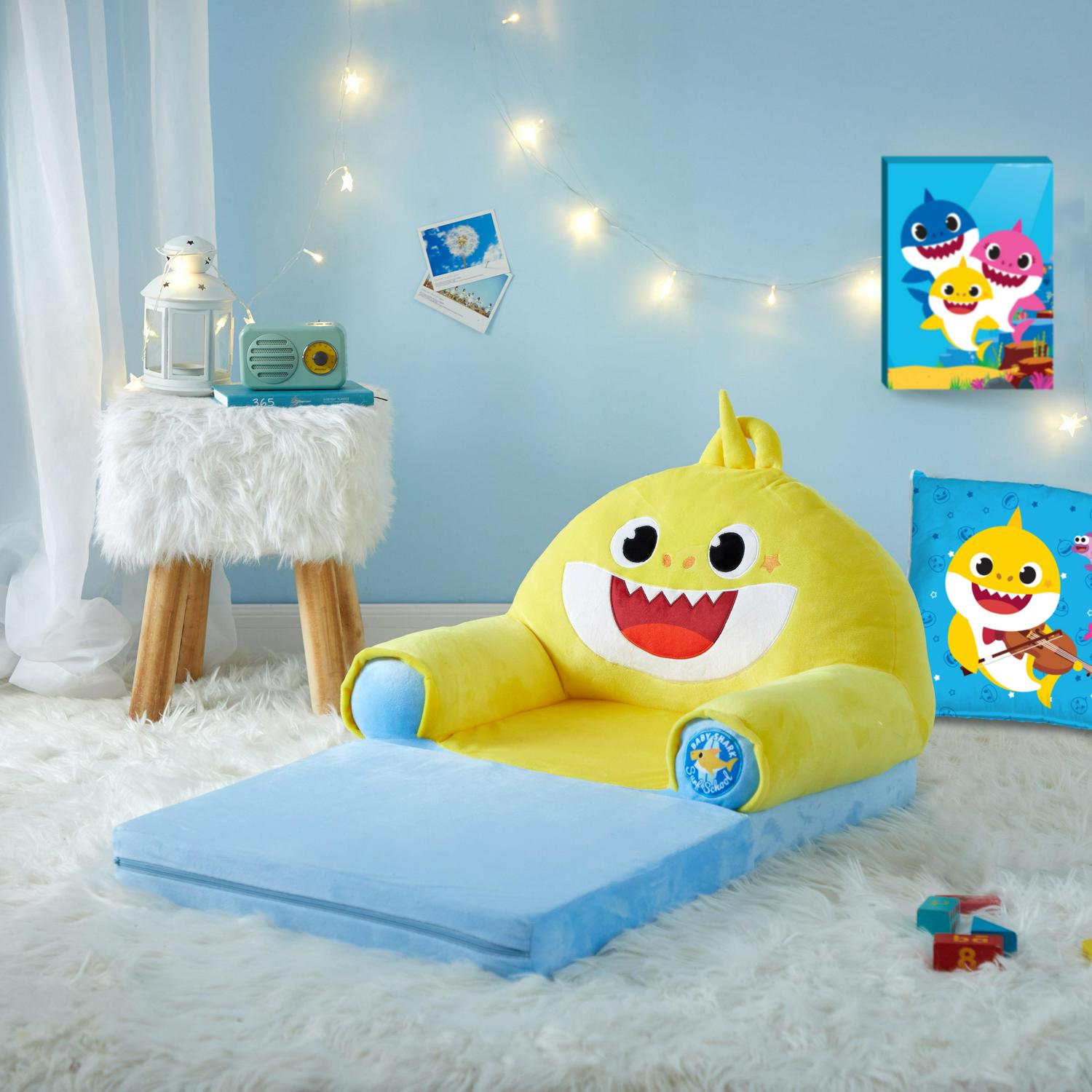 C0D68FBB-D767-D541-5795-9DA80AE00934 Pinkfong Baby Shark Blue Polyester Comfortable Plush 2-in-1 Flip Out Chair - Image 1